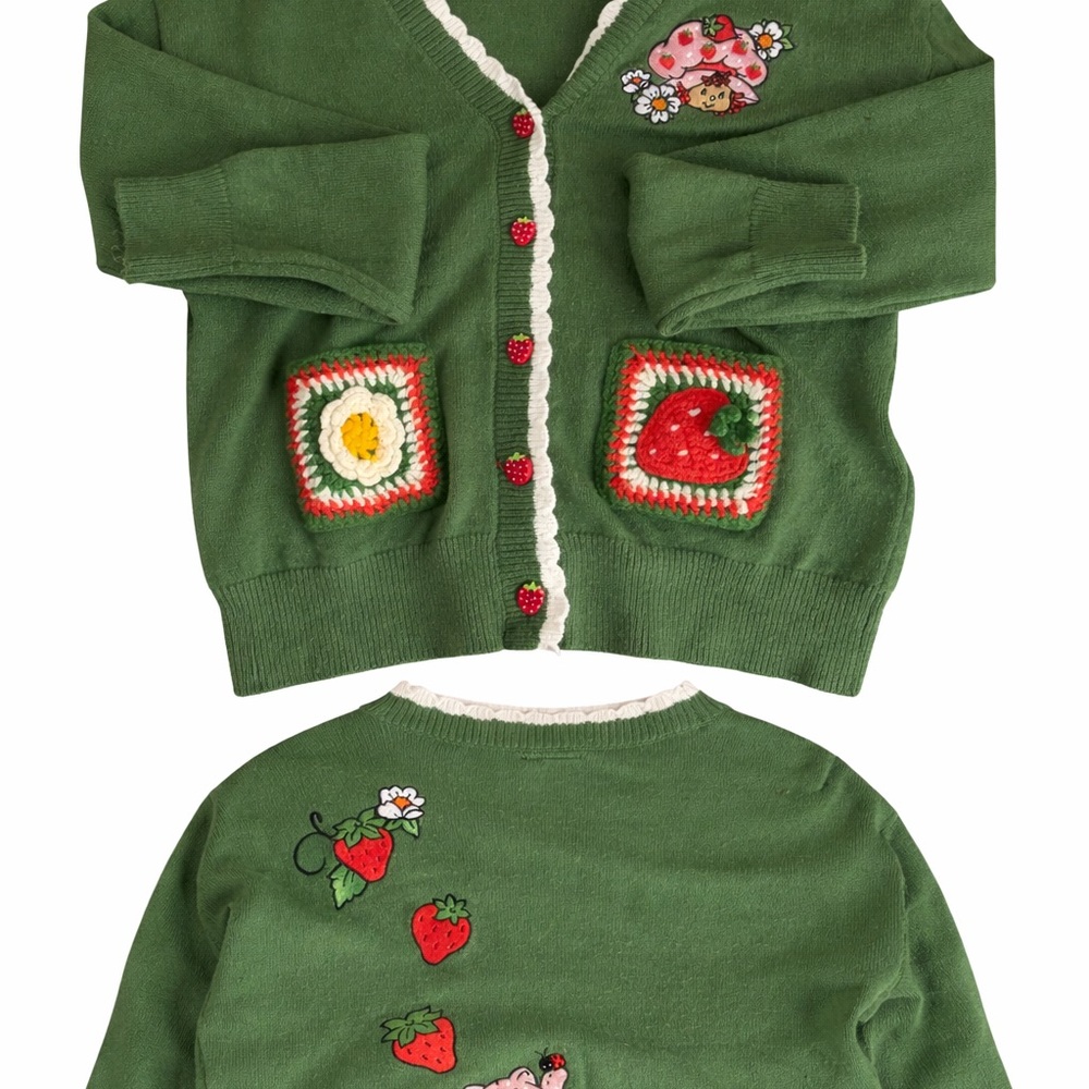 Strawberry Shortcake Green Knit Cardigan with Crocheted Pocket Appliqués - Picture 3 of 3